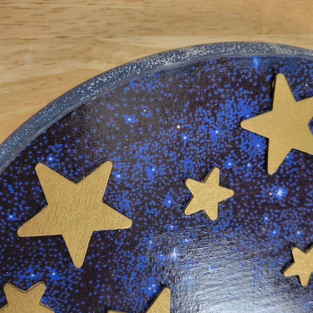 Celestial‎ Star & Moon Oval Wood Key Holder 10x8 Blue Shimmer 3D